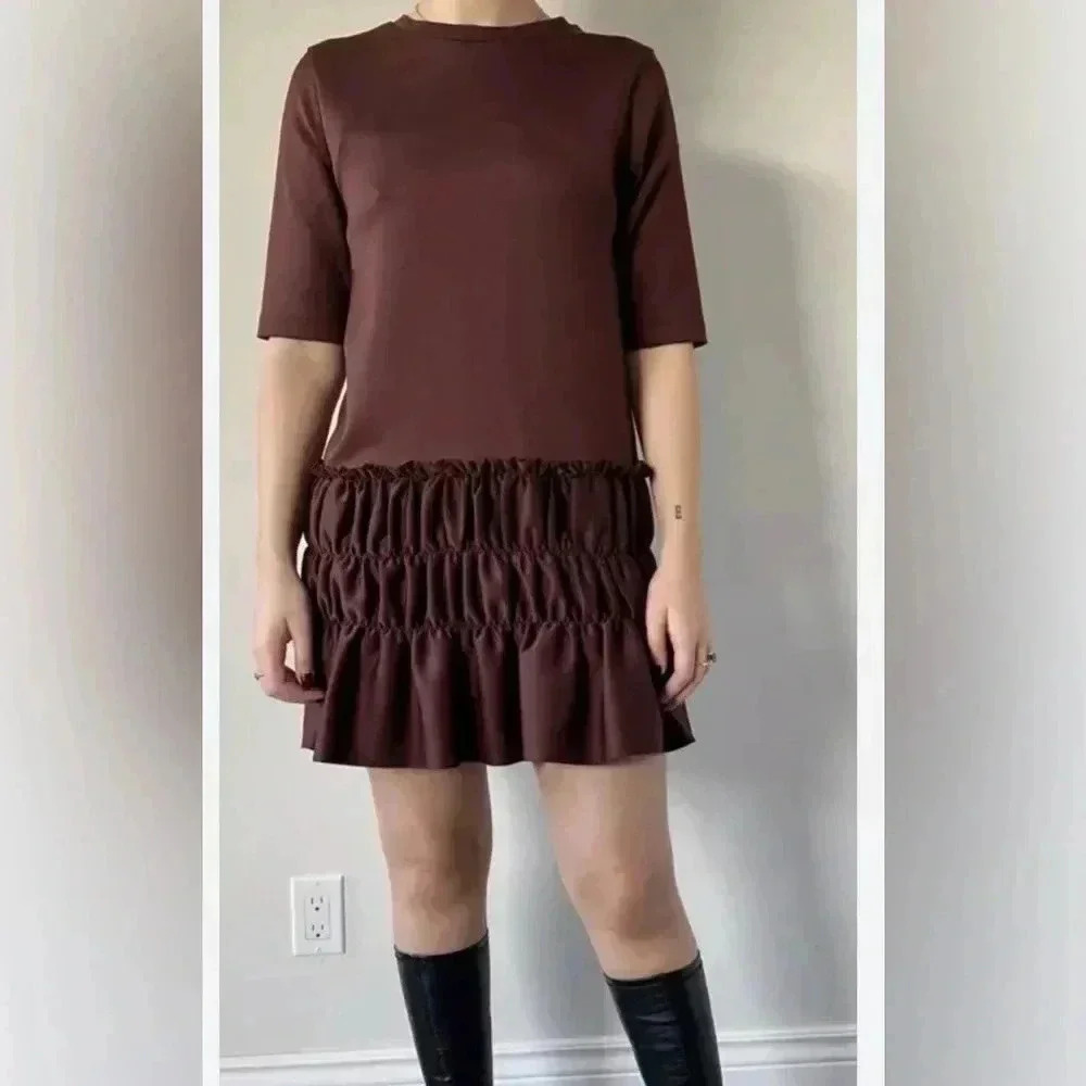 Zara W&B Collection Women Brown Drop‎ Waist Ruffle Casual Dress Sz M